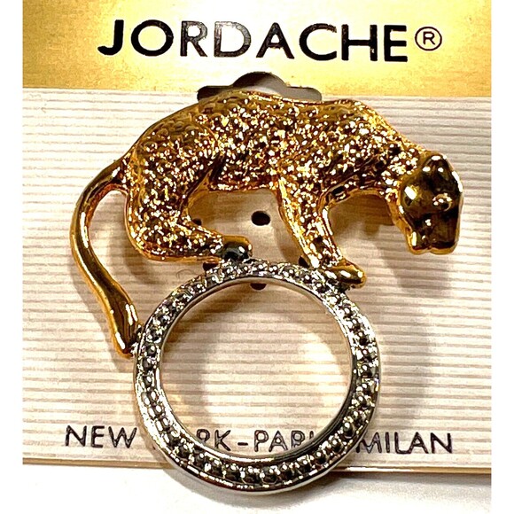 Jordache Brooch Pin Vintage Gold Tone Jaguar on Silver Tone Ring NOS on Pin Card - Picture 5 of 8